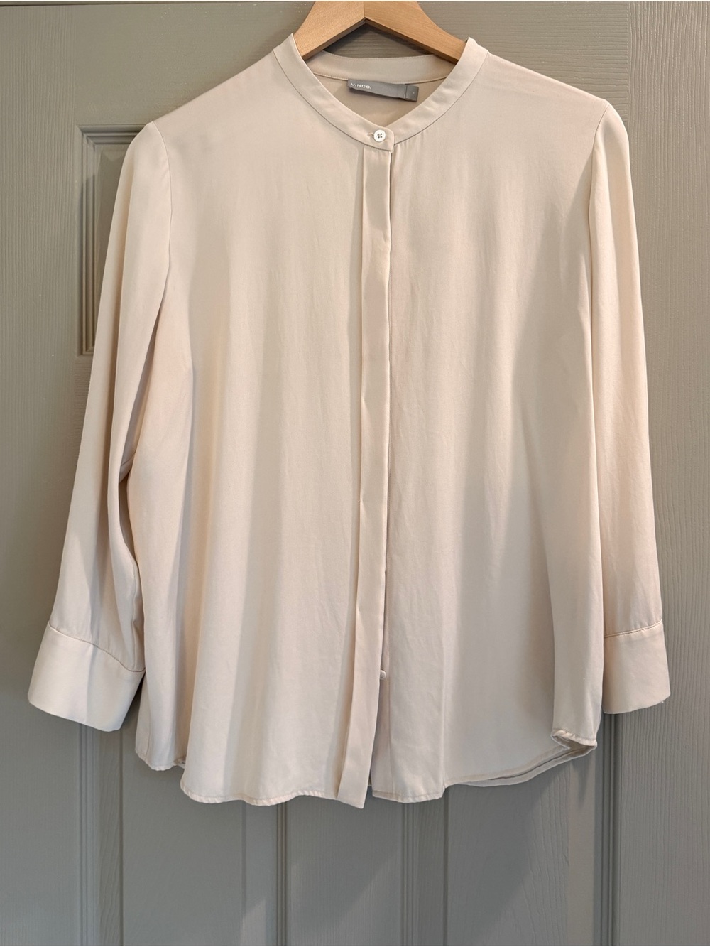 Vince Cream Button-Front Band Collar Silk Blouse